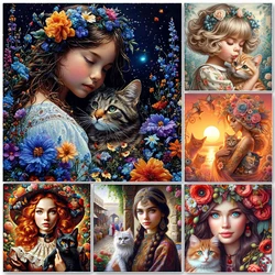 Diamond Painting Girl Cat Portrait Rhinestones Pictures 5d Diy Embroidery Animal Gift Cross Stitch Kits Home Decoration