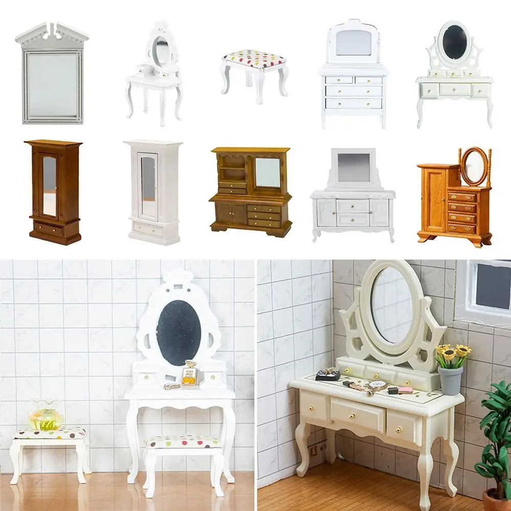 1:12 Doll Dresser Wood Dolls Accessories Dollhouse Furniture Wardrobe Cabinet Photo Props Miniature Dressing Mirror Gift