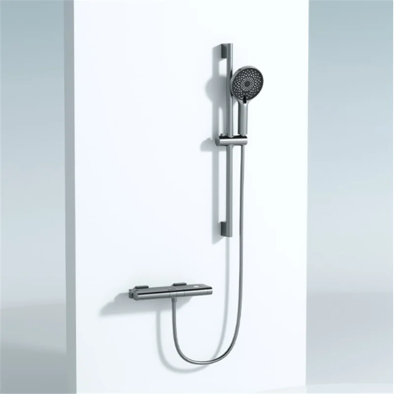 

Grey Bathtub Shower Set Wall Mounted Thermostatic Shower Faucet Brushed goid Bathroom Waterfall Bath & Shower Faucet Brass