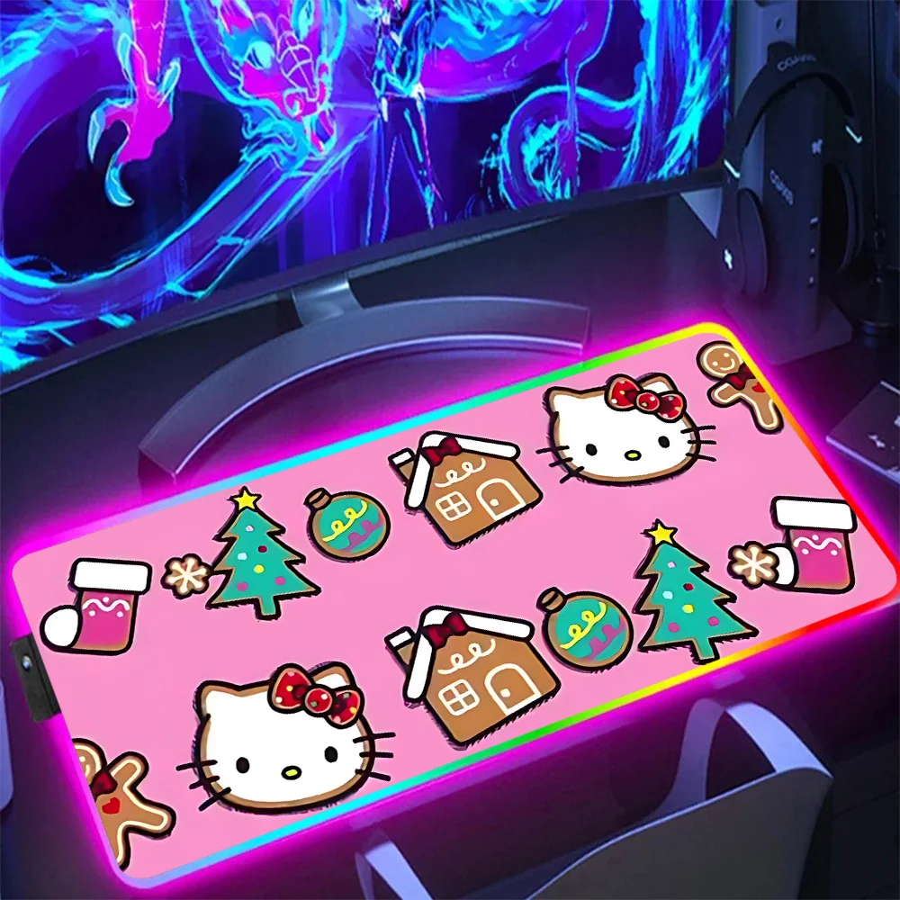 Hot Sanrios Hellokitty Christmas RGB Pc Gamer Keyboard Mouse Pad Mousepad LED Glowing Mouse Mats Rubber Gaming Computer Mausepad
