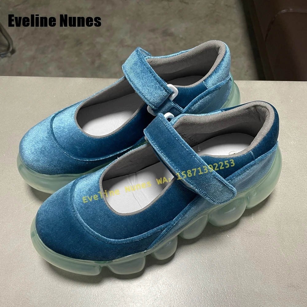 

Blue Transparent Bubble Bottom Pumps Round Toe Thick Sole Hook and Loop Velvet Casual Mary Janes Shoes 2025 Spring New Style