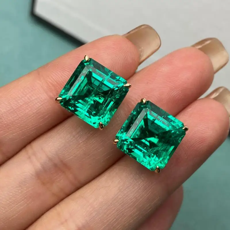 RUIF 2025 Nuevo estilo clásico 9K 10K 14K 18K Asscher Cut 11,5 mm Pendientes de esmeralda cultivada en laboratorio