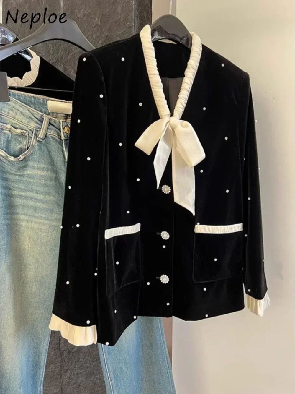 Neploe Vintage Strik Fluwelen Literaire All-match Veste Femme Diamanten Kralen Losse Jas Minderheid Chic Y2K Kleine Geurjas