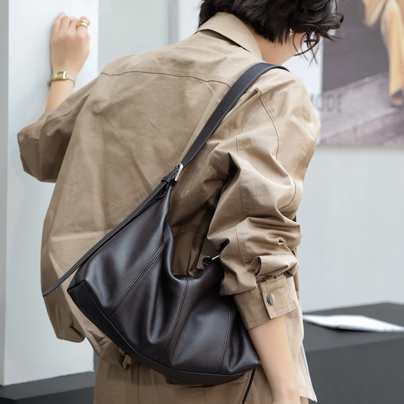 Genuine Cowhide Women Soft Hobo Shoulder Bag Slouchy Real Leather Ruched Handbag Drawstring Tie Detail Zipper Crossbody Purse