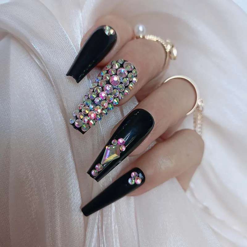 24pcs latest luxury jewelry ballet coffin fake nails crystal diamond black