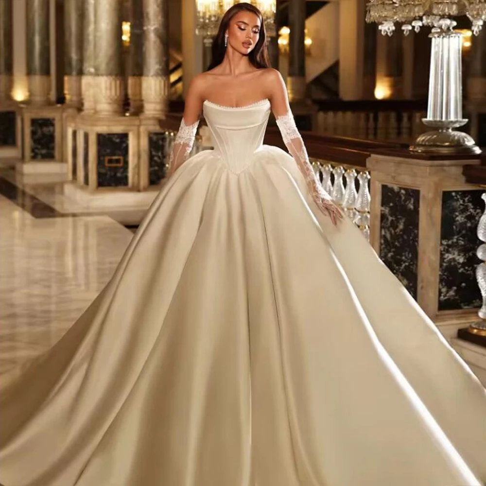 Elegant Soft Satin Wedding Dresses For Bride Strapless Pearls Bridal Gowns Cusstom Made Lace-Up Women Outfits Robe De Mariee