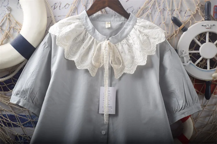 New Summer Cotton Short Sleeve Shirt Stand Ruffled Lace-up Tops Girl Casual Vintage Chic Loose Sweet Blouse 2024 Autumn T46903QC