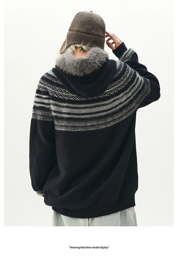 سترة صوفية عصرية أمريكية جديدة لعام 2025 سترة محبوكة بقلنسوة فضفاضة للرجال #6