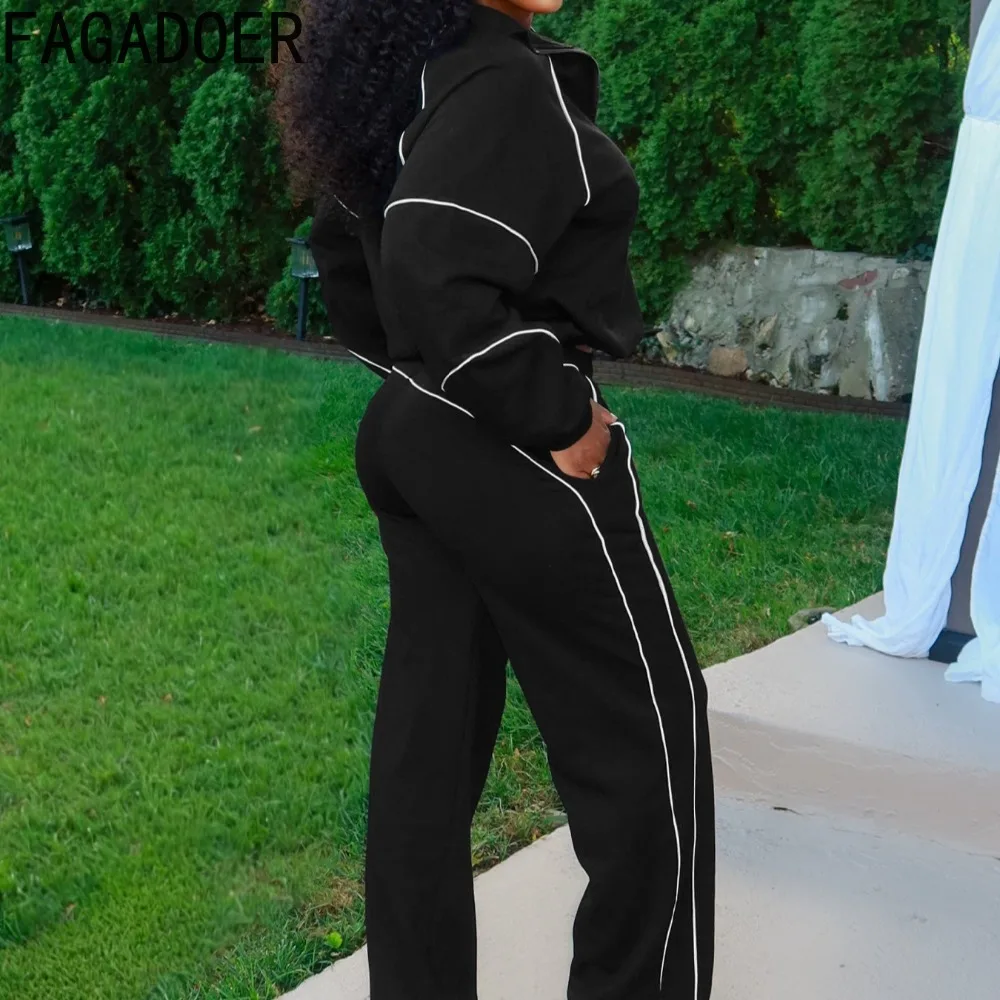 FAGADOER Casual Two Piece Outfits Woman Solid Color Zipper Long Sleeve Crop Top and Pants Matching Suit Female Streetwear New