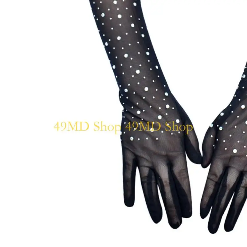 49MD Flapper Women Mesh Long Gloves with Rhinestones for Festival and Evening Event