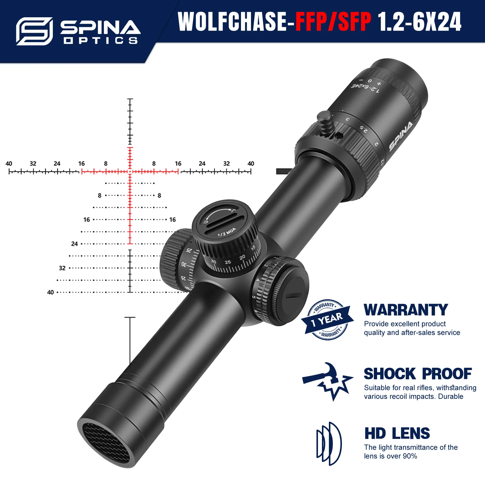 

SPINA OPTICS WolfChase LPVO 1.2-6x24 FFP/SFP Hunting Rifle Scope Sight Red Dot CQB PCP Carbine AR15 Riflescope .223 .308 22LR