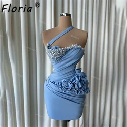 Halter Blue Pearls Short Cocktail Dress Sexy Sleeveless Ruffle Prom Dresses vestidos para eventos especiales Chic Homecoming