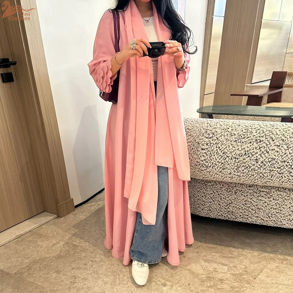 Uni Ramadan Dubai Rosa Chiffon Offene Abaya mit Hijab inklusive lockerer Ärmel muslimischer Strickjacke Marokkanischer Kaftan für Frauen