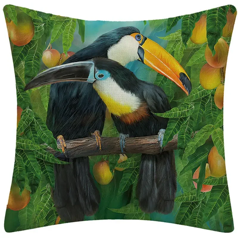 Parrot Toucan Couple Bird Decorative Throw Pillow Cushion Cover Tropical Plant Cotton Linen Pillowcase Decoration for Home Sofa