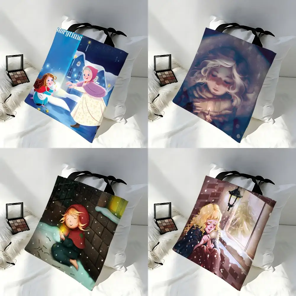 Storage Bags Versatile LargeCapacity Canvas Shoulder Bag Women's Casual Versatile Tote Bag Story Iittle Girl Illustration Art