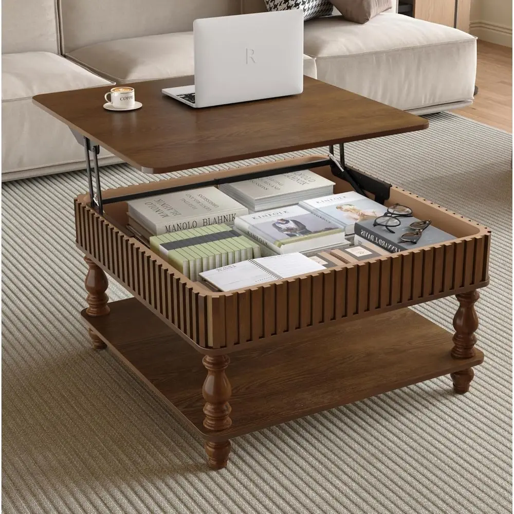 

Walnut Square Coffee Table with Storage and Lighting for Living Room or Office