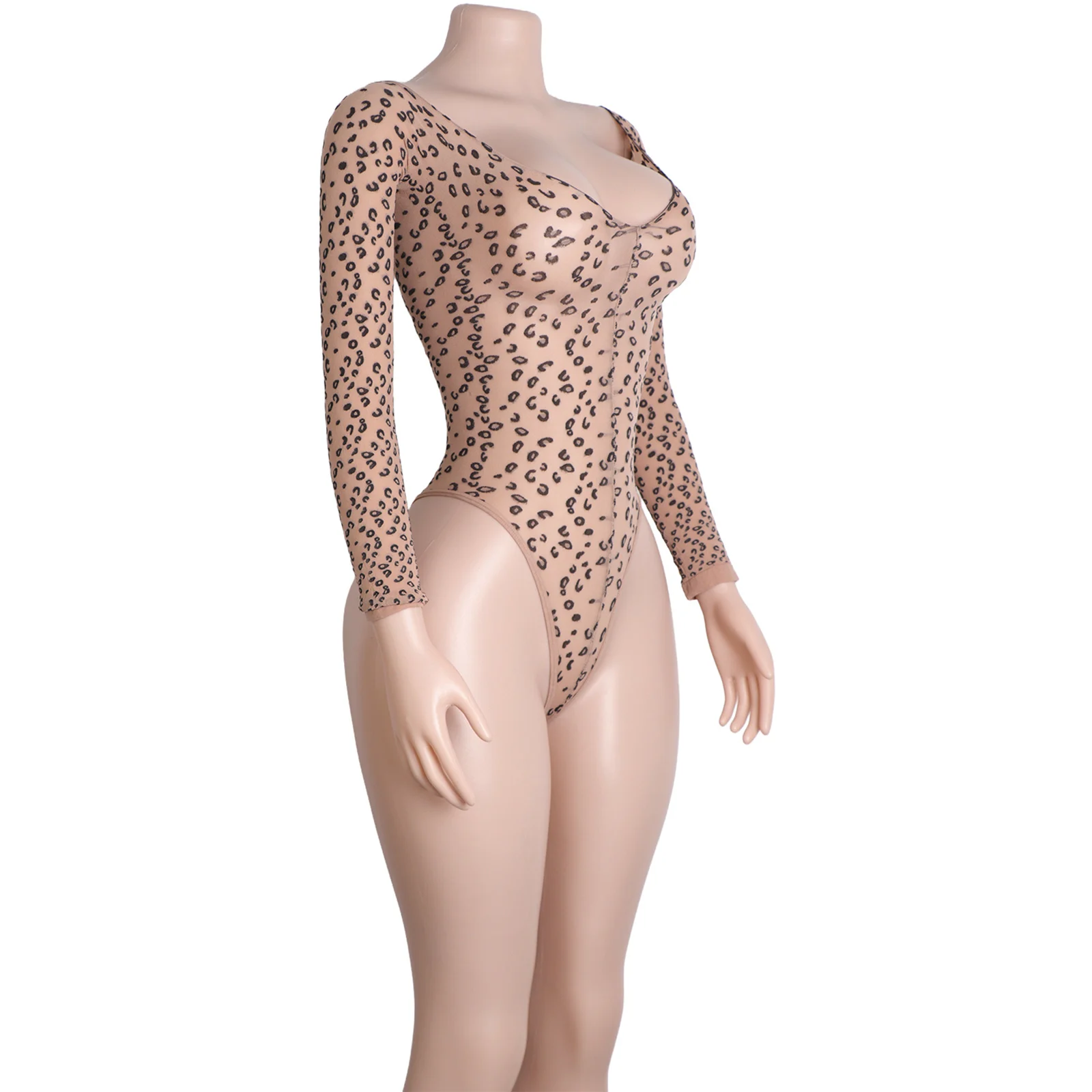 Tanga mit Leopardenmuster, Netz-Bodystocking, lange Ärmel, exotische Clubwear, Tänzerin, Kostüm, Performance, Nachtclub-Outfit