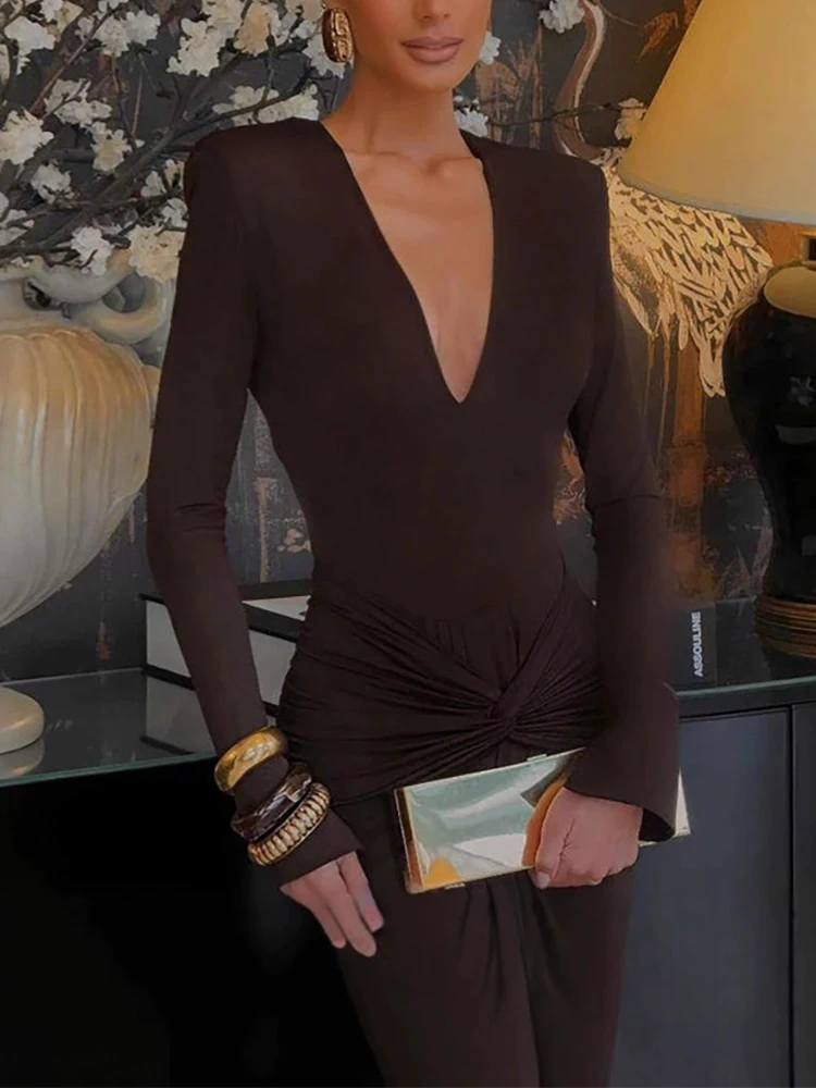 

Deep V Slim Solid Wrap Hips Dress Elegant Long Sleeve Pleated Party Dress Temperament Women's New Autumn Commute Maxi Dresses