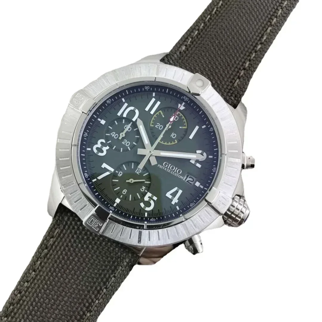 Luxe heren quartz chronograaf horloge stopwatch roestvrij staal saffier draaibare bezel groene canvas lederen band