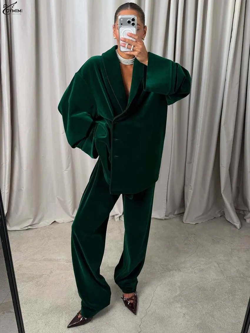 

Oymimi Elegant Green Loose Two Piece Outfits Woman Fashion Lapel Long Sleeve Single Breasted Shirt And Simple Straight Pants Set