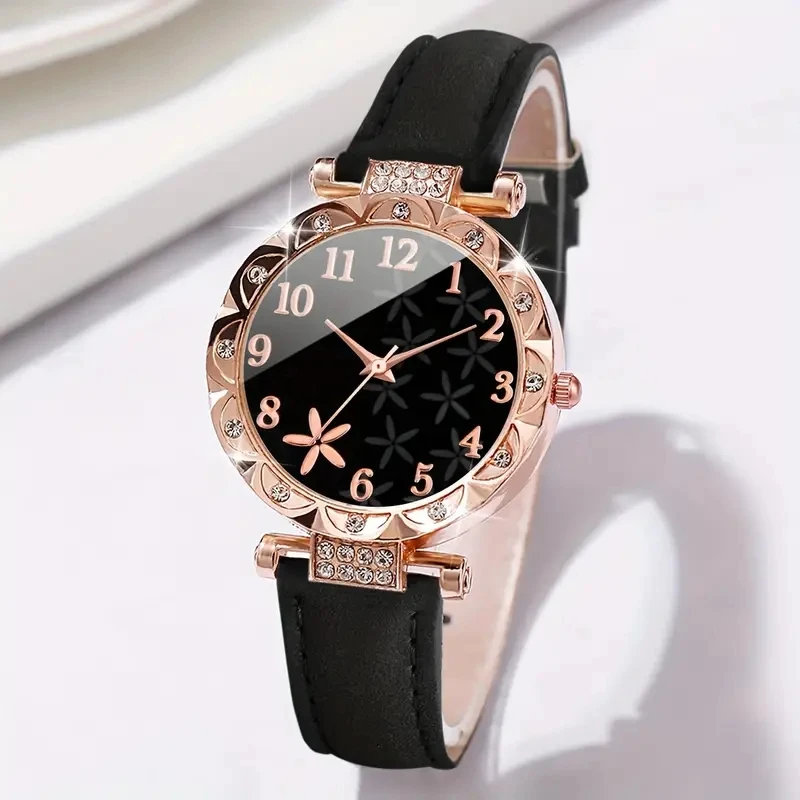 Conjunto de 2 uds de relojes para mujer, reloj de cuarzo con esfera de escala Digital y elementos de flores a la moda de lujo, adecuado para combinar con ropa diaria