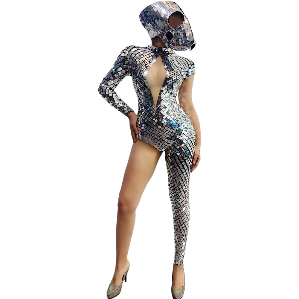 Silver Mirror Single Leg Jumpsuit Halloween Cosplay Drag Queen Costume Dance Team Gogo Party Rave Outfit Catwalk Show Stage Wear