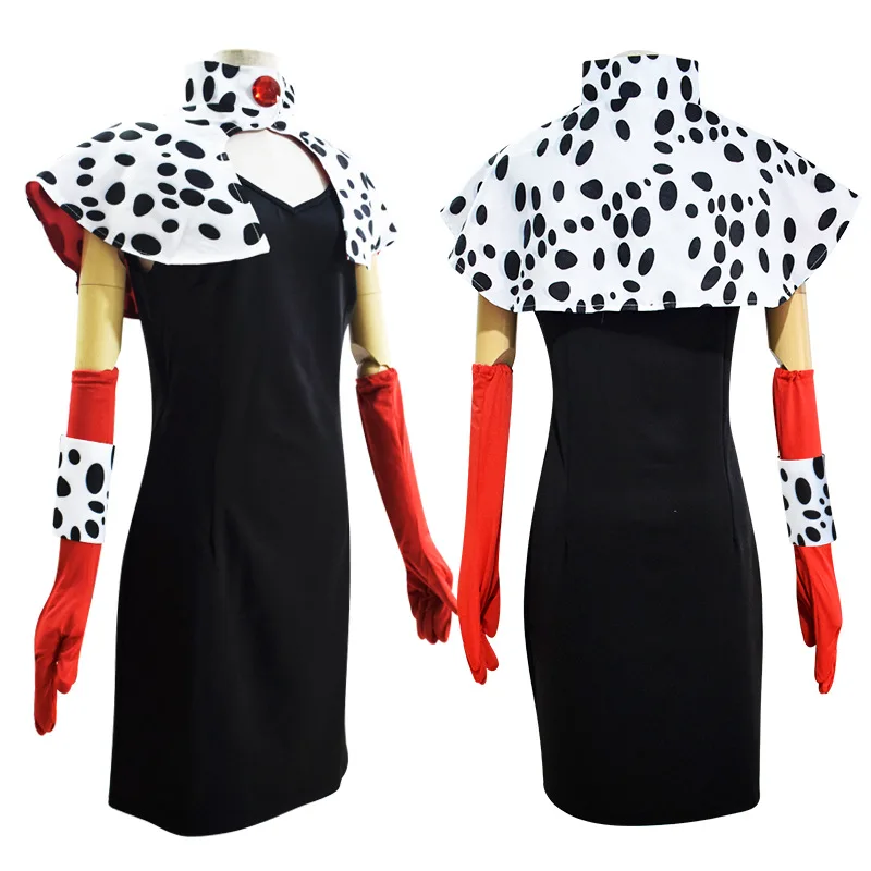 Movie Cruella De Vil Costume Women Super Villain Cruella Cosplay Halloween Party Costume Women Sexy Dress With Coat Cape Wig