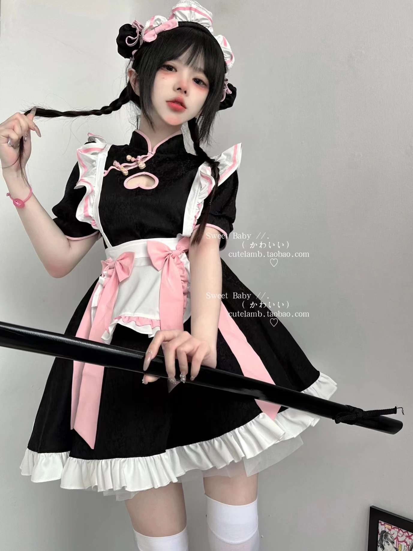 Japanese Cosplay Lolita Maid Costume Girly Sweet Cute Slim-Fit Y2k A- Line Dress Women Chinese Buckle Hollow Cheongsam Dresses