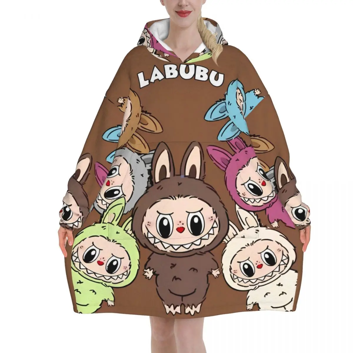 Oversized Labubu Cartoon Wearable Blanket Winter Gifts for Women Men Ultrasoft Plush Warm Sweatshirt Blankets With Pocket