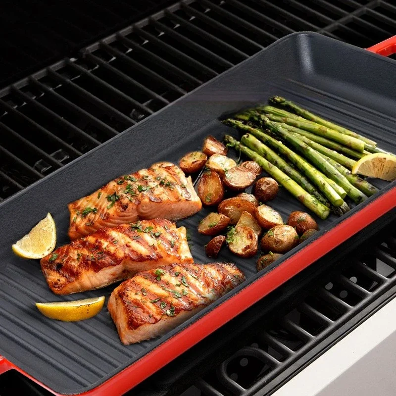 Cast Iron Indoor Grill Pan Teppanyaki BBQ Griddle Pancake Crepe Pan Non Stick Even Heat Distribution Long Lasting for Cooking