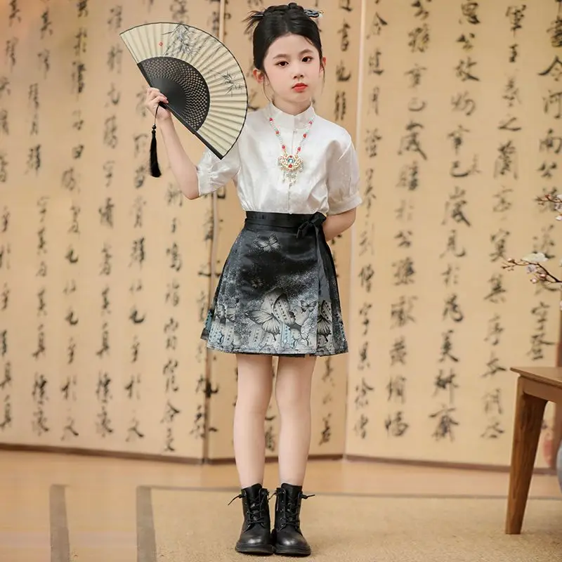 

Girls' Summer Short sleeved HanfuSet Chinese Style Summer Tang style Half length Skirt Children's Hanfu Horse Face Dress LF970