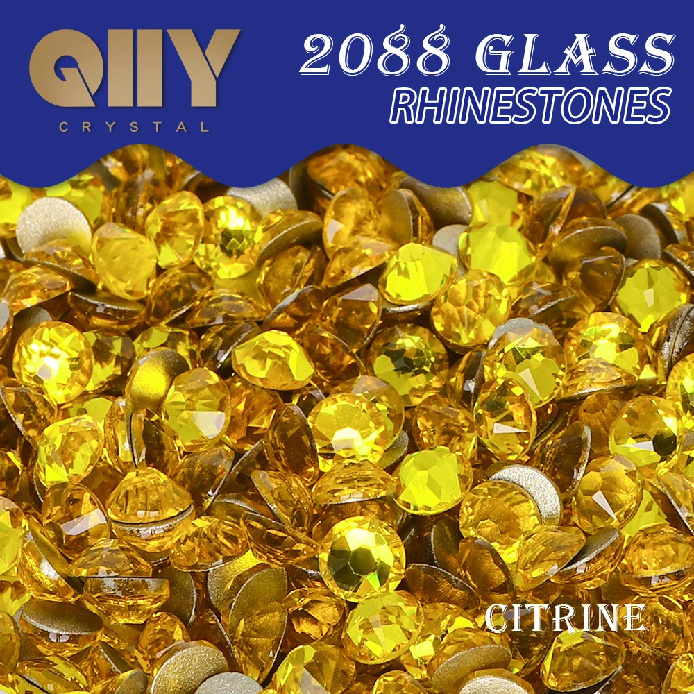 

QIIY Citrine 2088 SS10-SS30 Rhinestones Crystal Golden Flatback 8 Big 8 Small 16cut Stones For DIY Nail Art Decoration