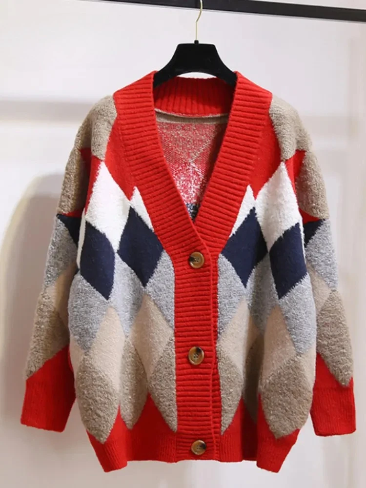 الخريف الشتاء منقوشة شيك بالأزرار زر نفخة الأكمام متقلب المتضخم المرأة البلوزات أنيقة متماسكة معاطف الملابس النسائية