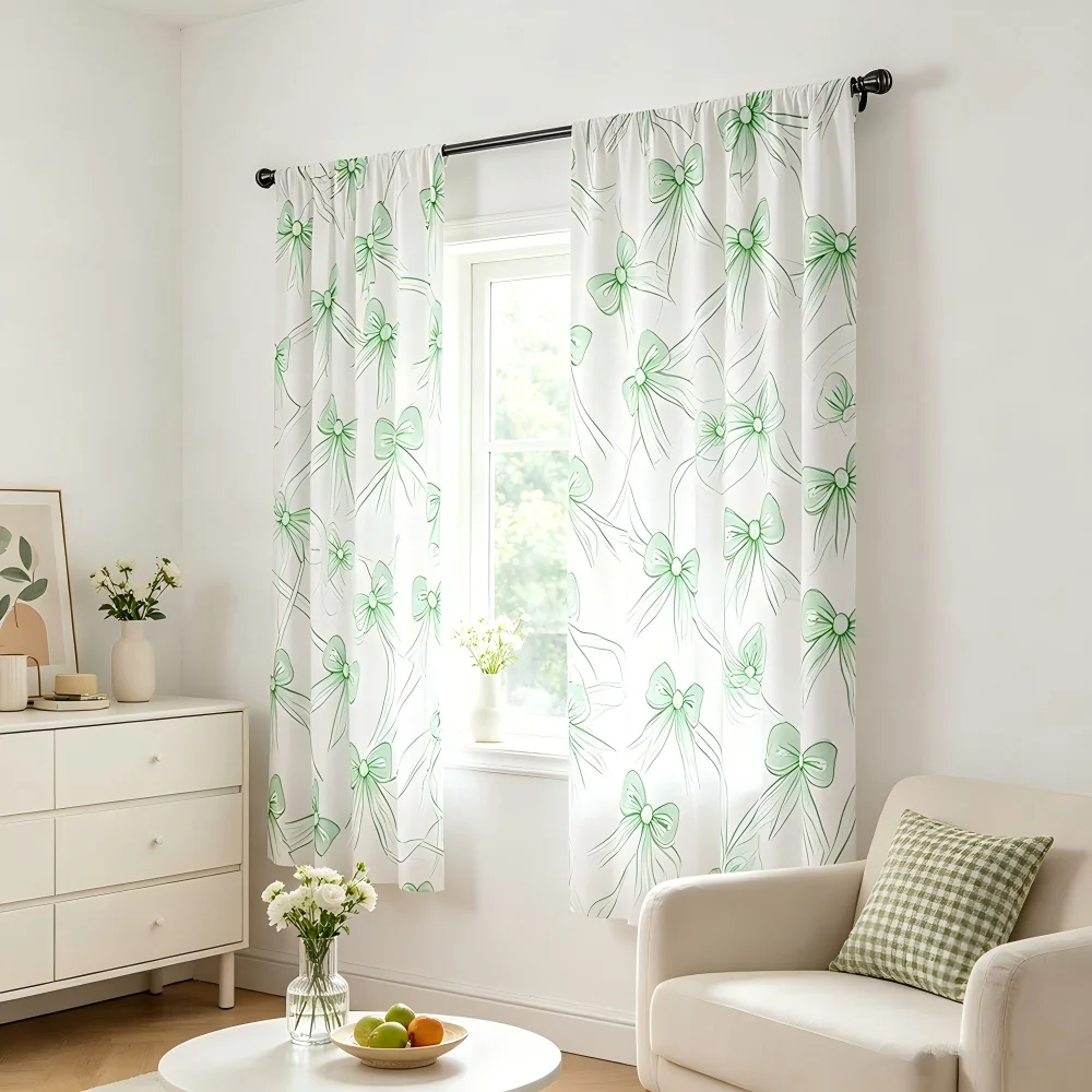 2PCS Green Bow Curtains, Cute Ribbon Print, Festive Window Drapes for Living Room Bedroom Kids Room Home Decor