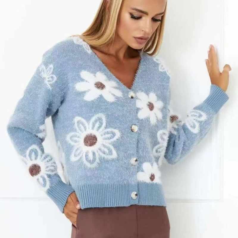 

Spring Autumn Floral Pattern Knit Cardigan Women's Elegant V-neck Long Sleeve Single Breasted Sweater Outwear Casual Female Coat