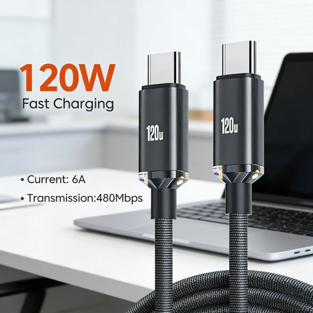 Cabo de Carregamento Rápido USB C para C de 120W, Cabo de Dados com Carregamento Rápido Tipo C para Celular, Compatível com iPhone, Xiaomi, Huawei, Samsung, 0.25M/1M/1.5M/2M