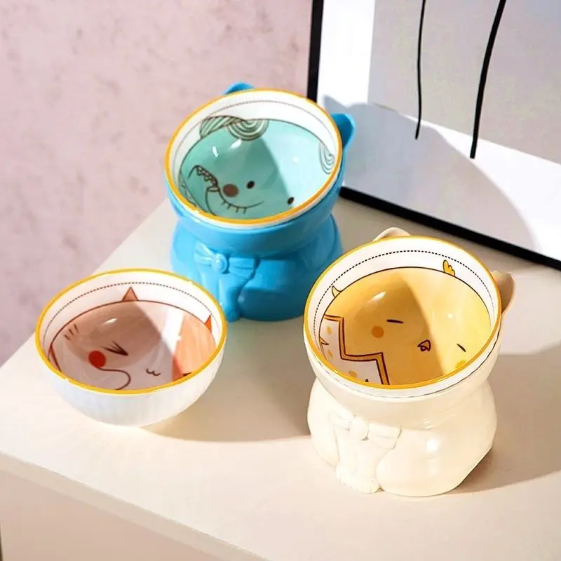 

Cute Ceramic Cat Bowls with Base,Neck Protection Cat Food Bowl,High Footed Drinking Basin,Slanted Mouth Anti Black Chin Pet Bowl