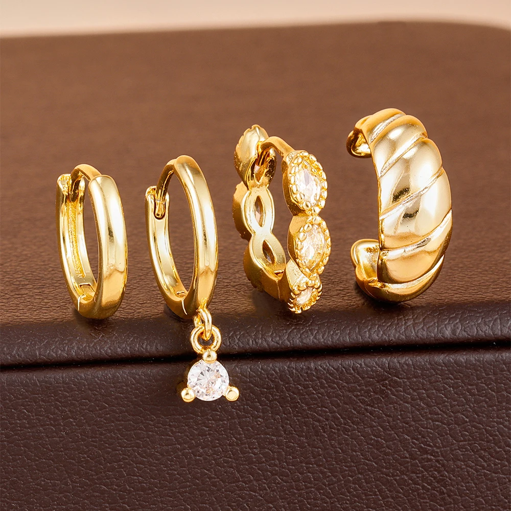 4PCS French Design Stainless Steel Crystal Drop Earrings Set For Women 14K Gold Plated Ear Clip Earrings Romantic Jewelry Gifts