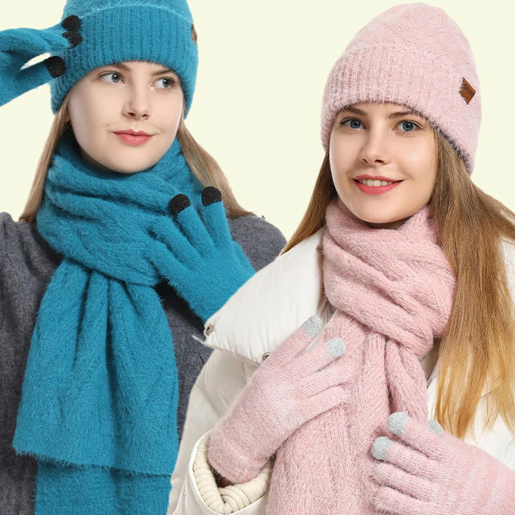3 قطعة/المجموعة النساء الشتاء قبعة وشاح قفازات فو الفراء الكرة المراهقين الفتيات محبوك دفئا دعوى آذان دافئة امرأة قبعة مجموعة ركوب الخيل في الهواء الطلق