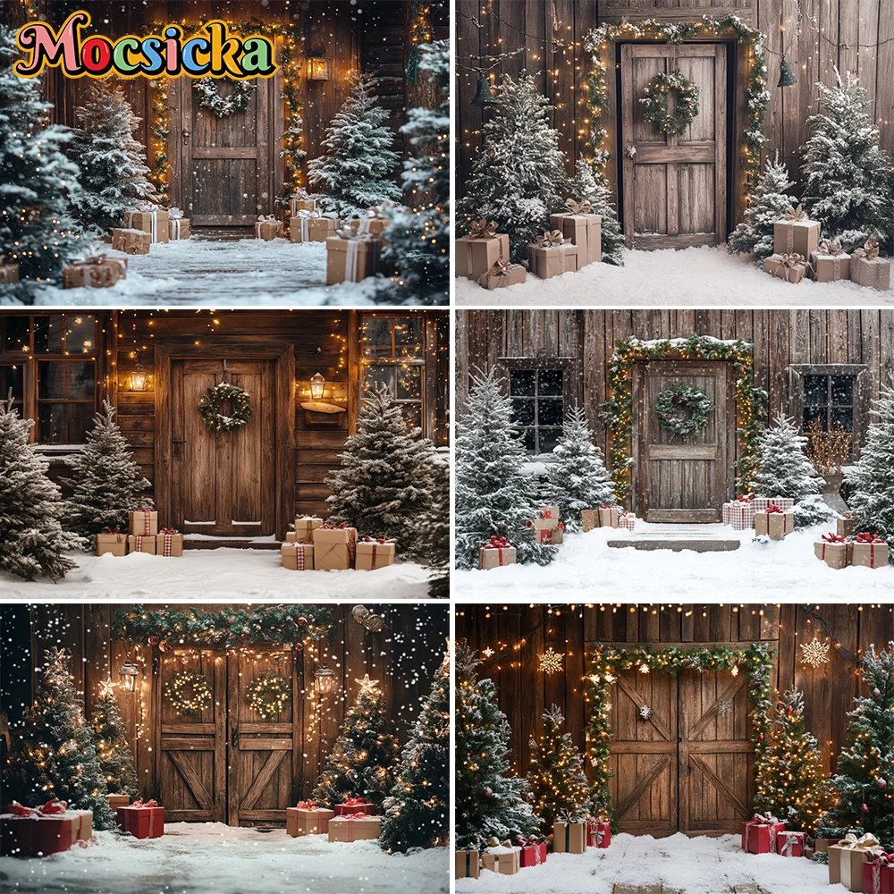 

Winter Christmas Wood Door Photography Background Xmas Wreath Gift Lights Kids Family Portrait Decor Backdrop