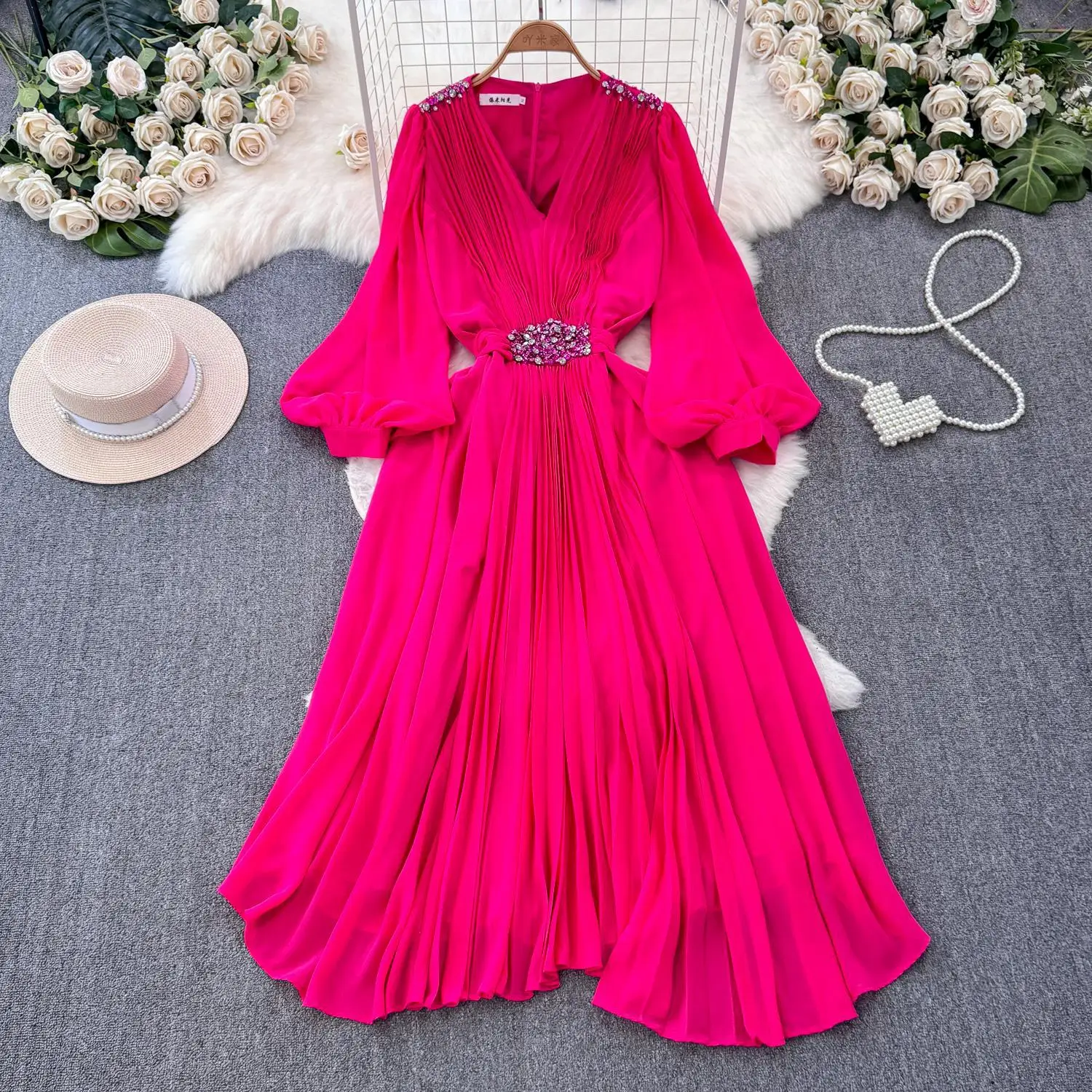 Seaside Vacation Travel Photo Lantern Long Sleeve V-Neck Cinched Waist Slim A-Line Chiffon Pleated Dress Elegant Long Skirt