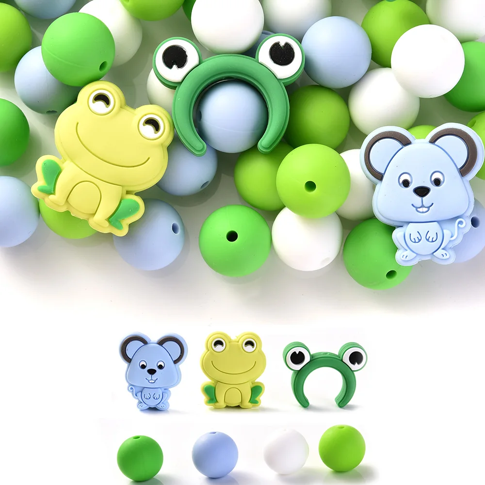 43Pcs Frog Mouse Shape Silicone Beads Baby Teethers Eco-friendly BPA Free Teething Beads Necklace Pacifier Chain Accessories