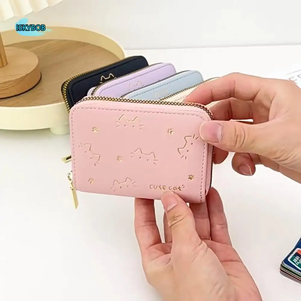 

Portable Kawaii Cat Pattern Wallet Pu Korean Style Short Coin Purse Multiple Card Slot Candy Color Small Zipper Wallet School