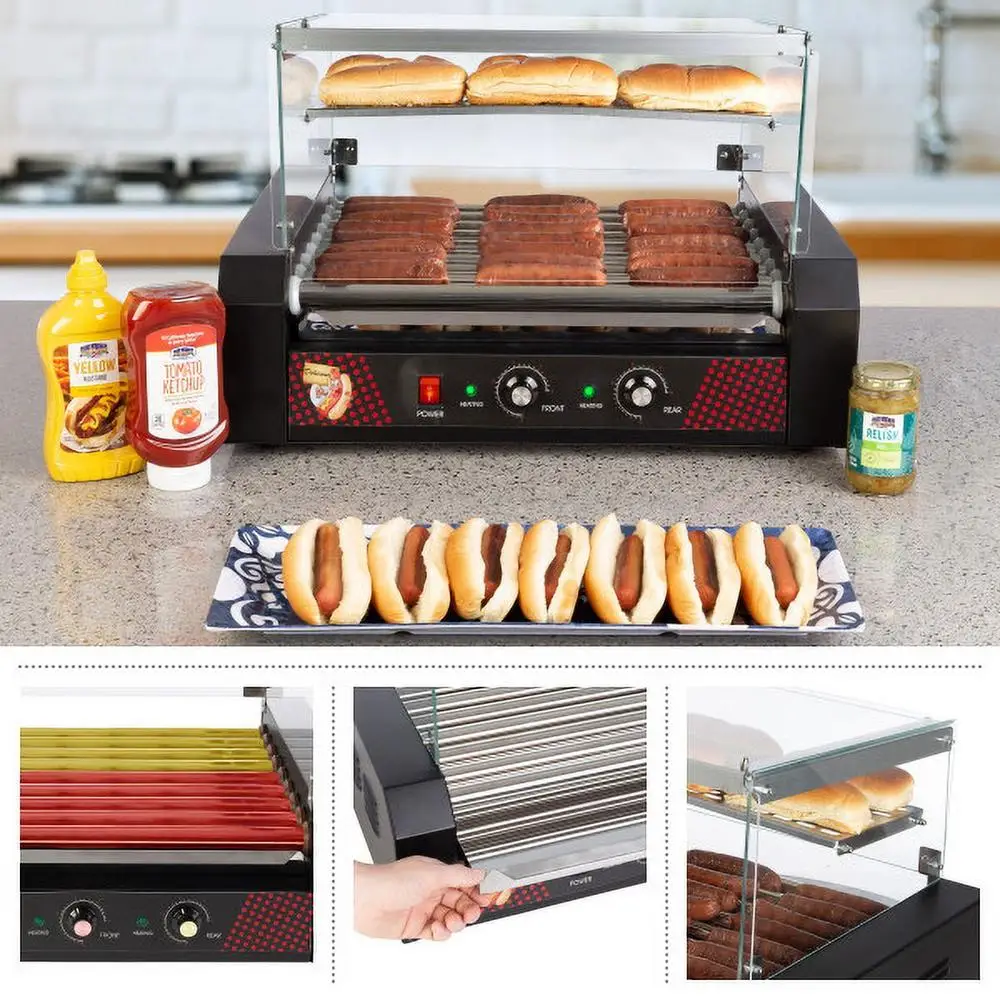 9 ローラー ホットドッグ グリル バンウォーマー付き 回転ホットドッグ クッカー 強化ガラス カバー 簡単お手入れ デュアル温度制御 パーティー