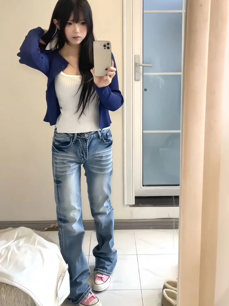 

Blue Waed Straight Leg Jeans Women's Spring 2026 Slim Fit Pear ape Casual Micro Flared Pants American Sle High Waist Denim