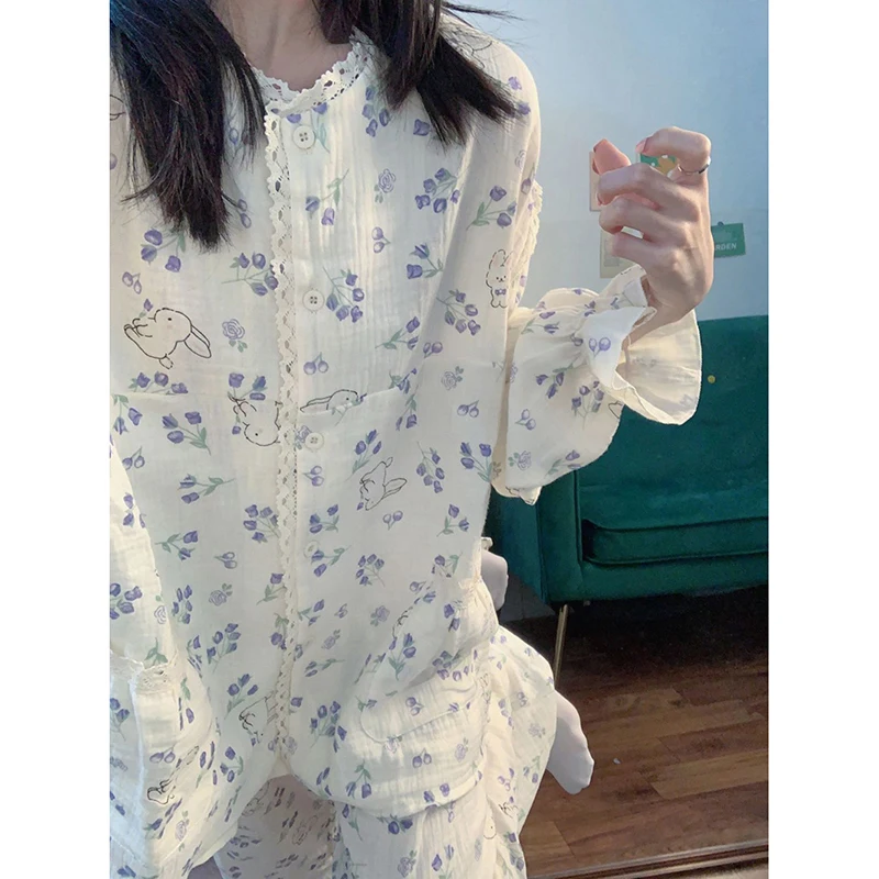 Lace Sleepwear Women Pajama Sets Piiama Korean Autumn Pants Sets 2 Pieces Floral Rubbit Long Sleeve Night Wears Button Home Suit