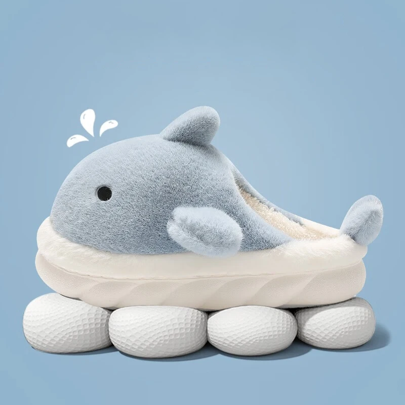 New Winter Unisex Cartoon Whale Warm Plush Slippers Couples Indoor Non-slip House Slides Men Women Toe Wrap Home Cotton Slippers