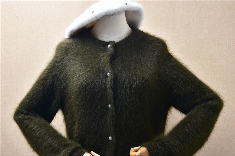 Ladies Women Autumn Winter Hairy Angora Rabbit Hair Knitted Army Green Short Style Slim Cardigans Mink Fur Cardigans weater Coat view 3