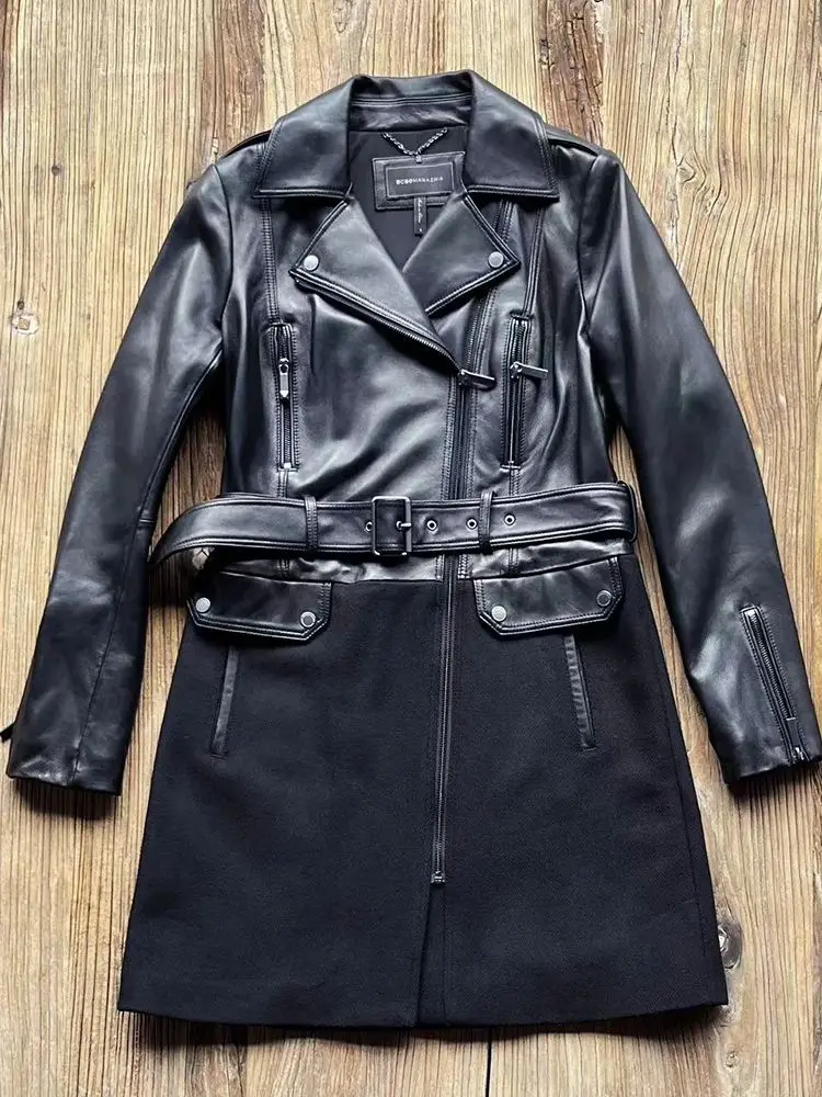 Schafsleder-Woll-Patchwork Winddichte Jacke im Englischen Stil Echte Lederjacke für Damen Parka mit Revers und Diagonalem Reißverschluss Trenchcoat – Detail 4