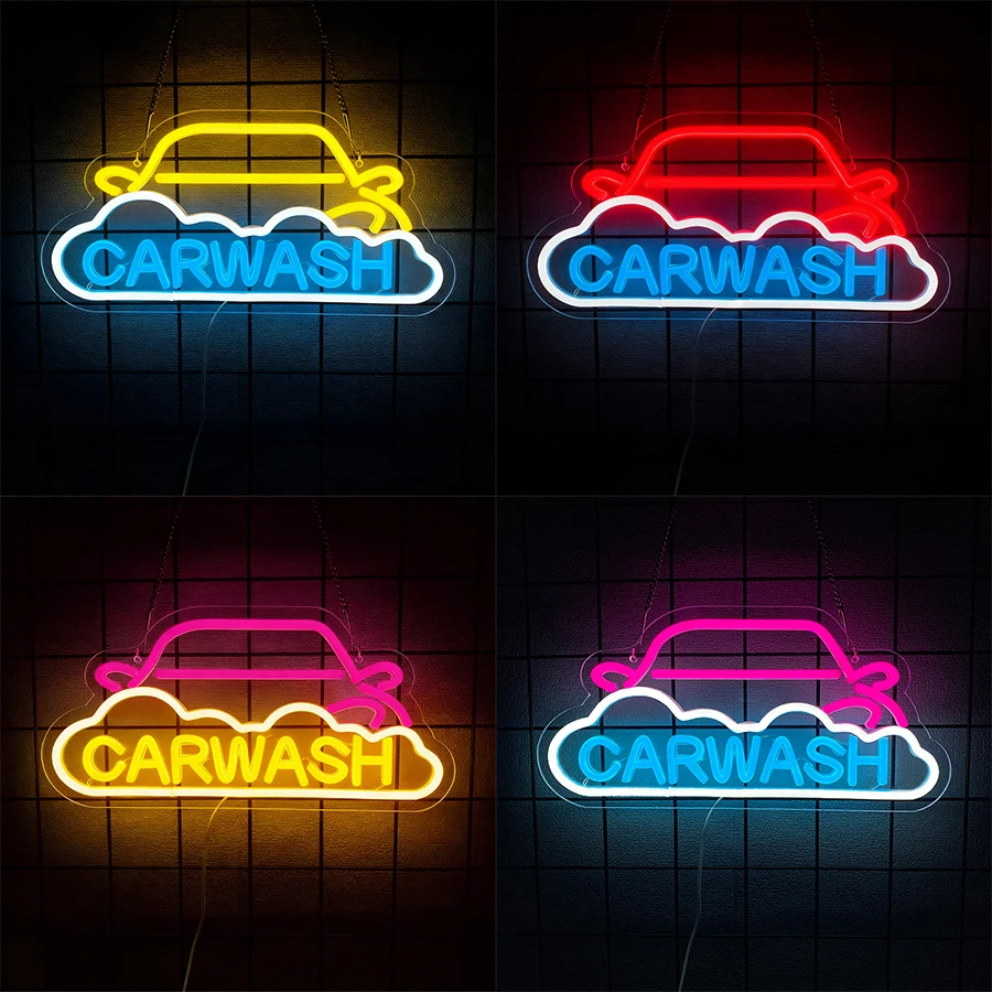 Car Wash Led Neon Sign, Car Service Station Icon, Used For Gas Station Facilities, Detailing The Business Art Decor Of The Store